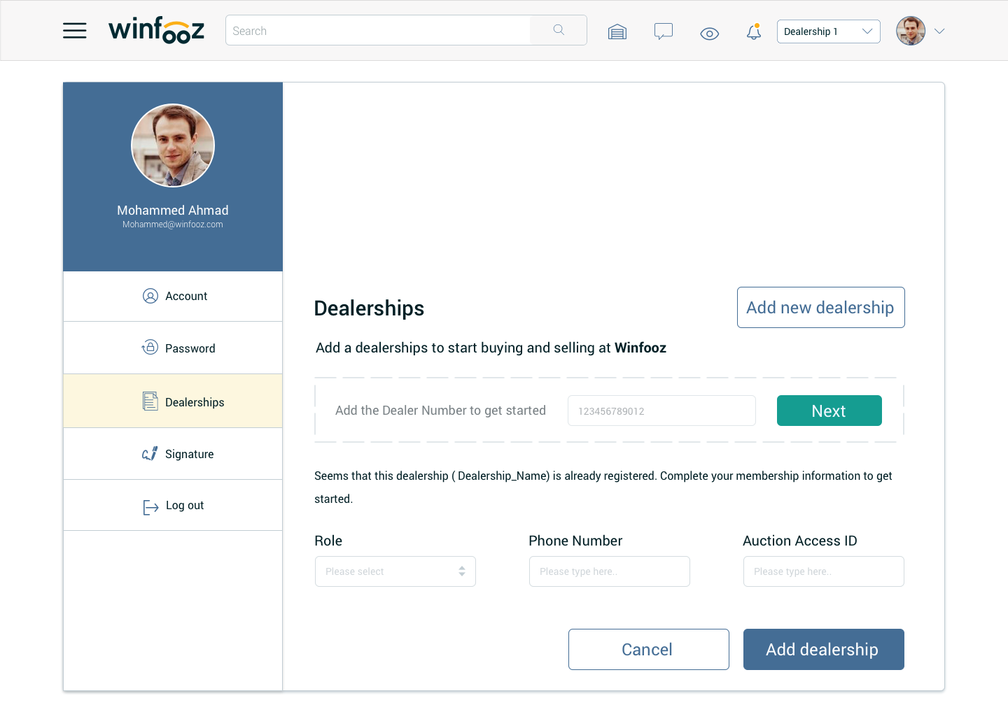 Car dealership account setup screen with a single field to get started
