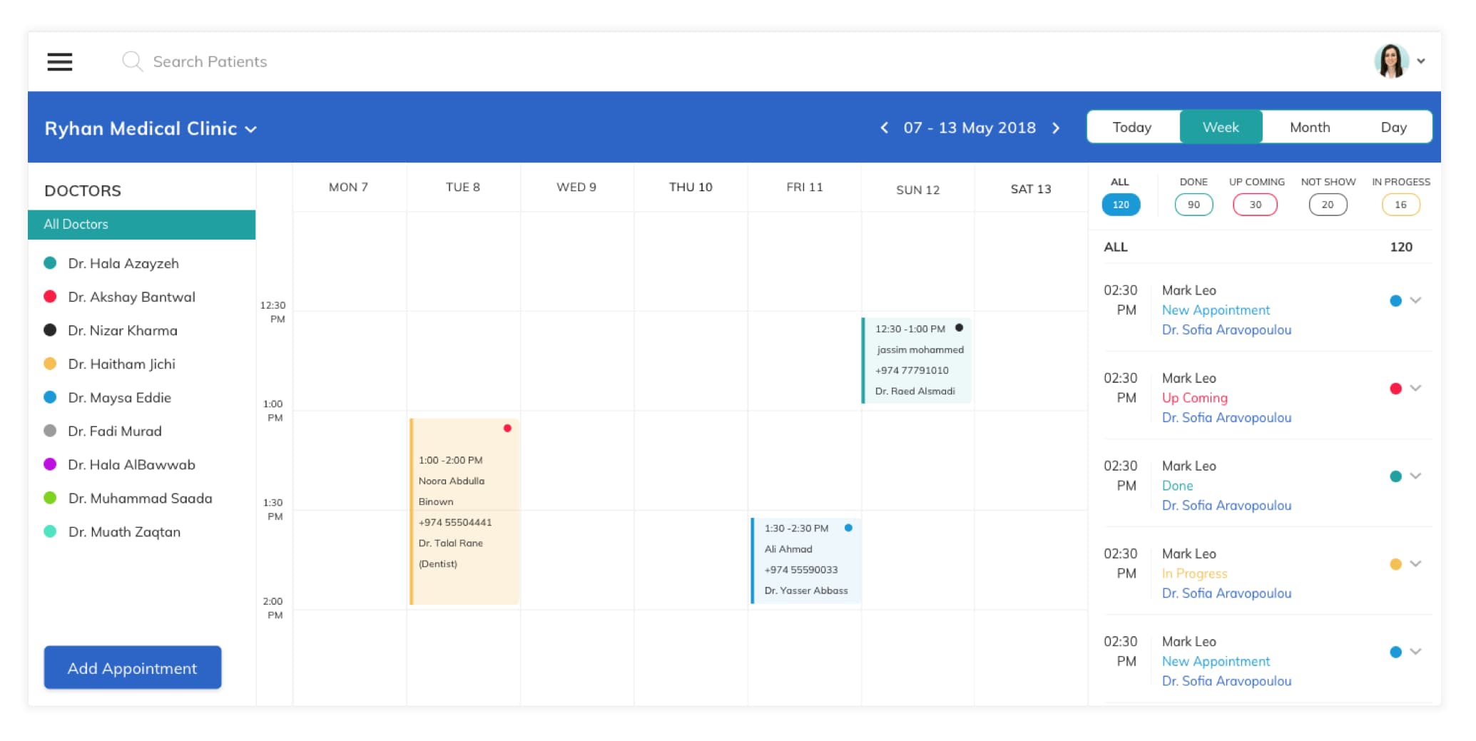 Meddy clinic dashboard showing a weekly appointment calendar with each doctor colour coded and every booking tagged by status
