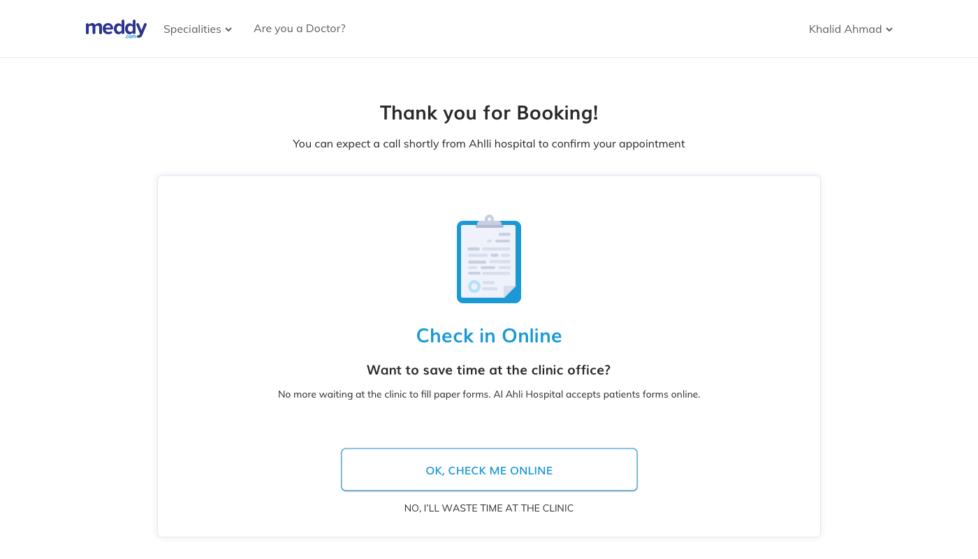 Meddy booking confirmation screen leading into digital check in