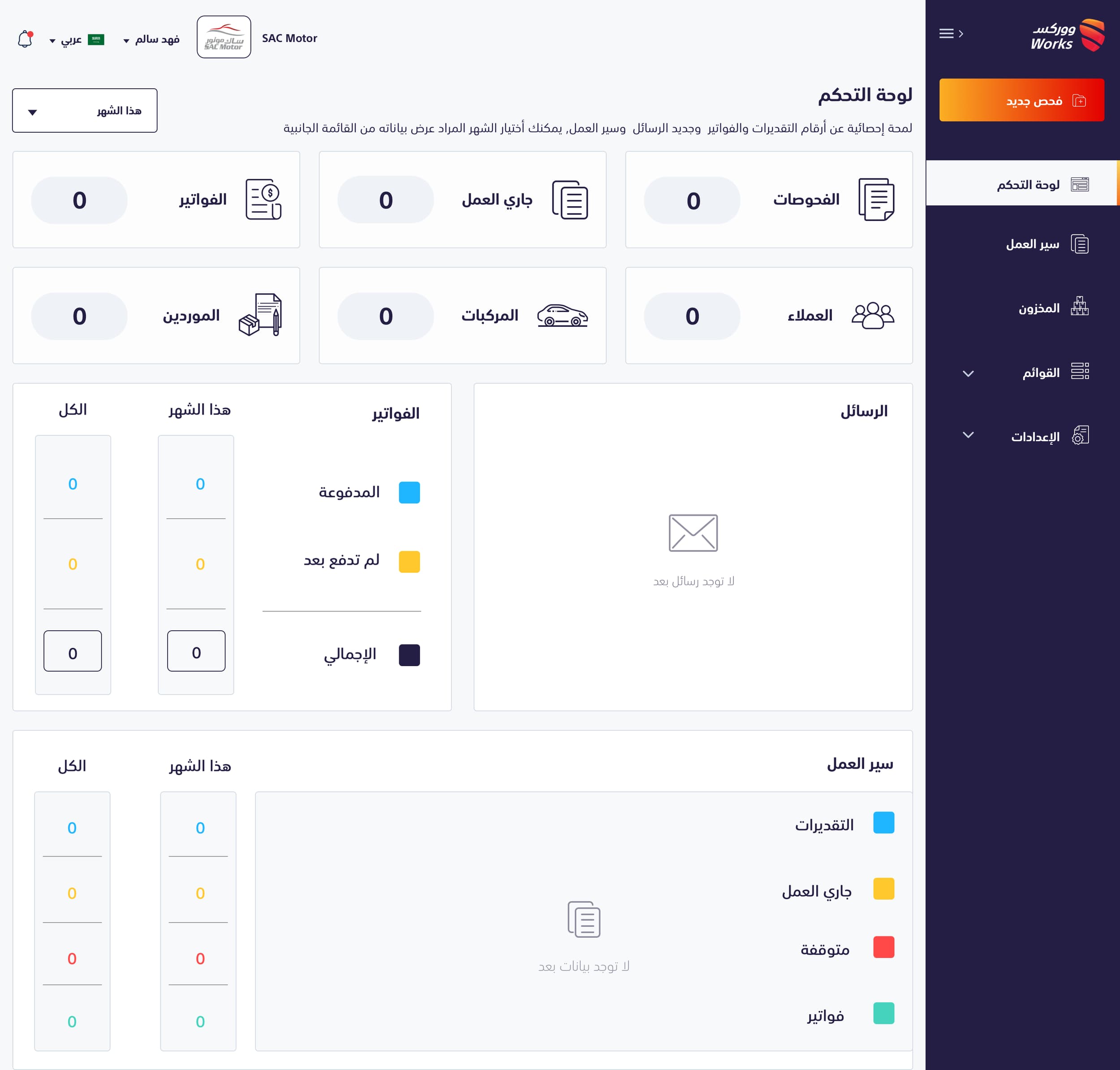 Arabic workshop management dashboard on day one, all counters at zero with a single primary action
