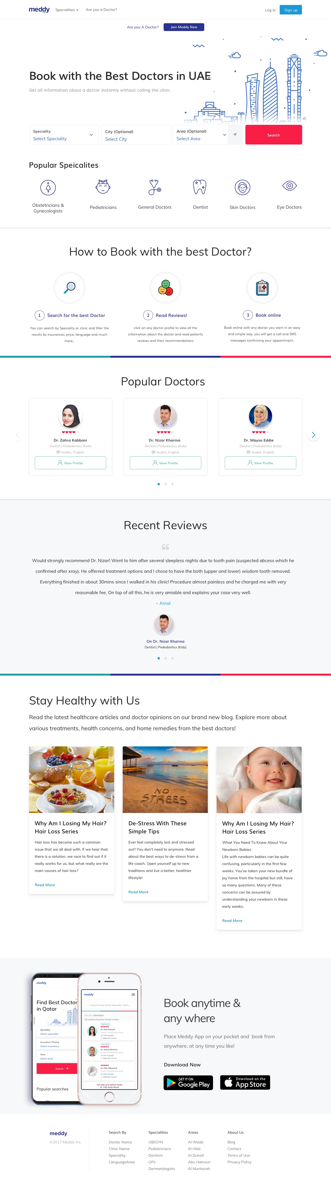 Meddy homepage showing doctor search by specialty and location