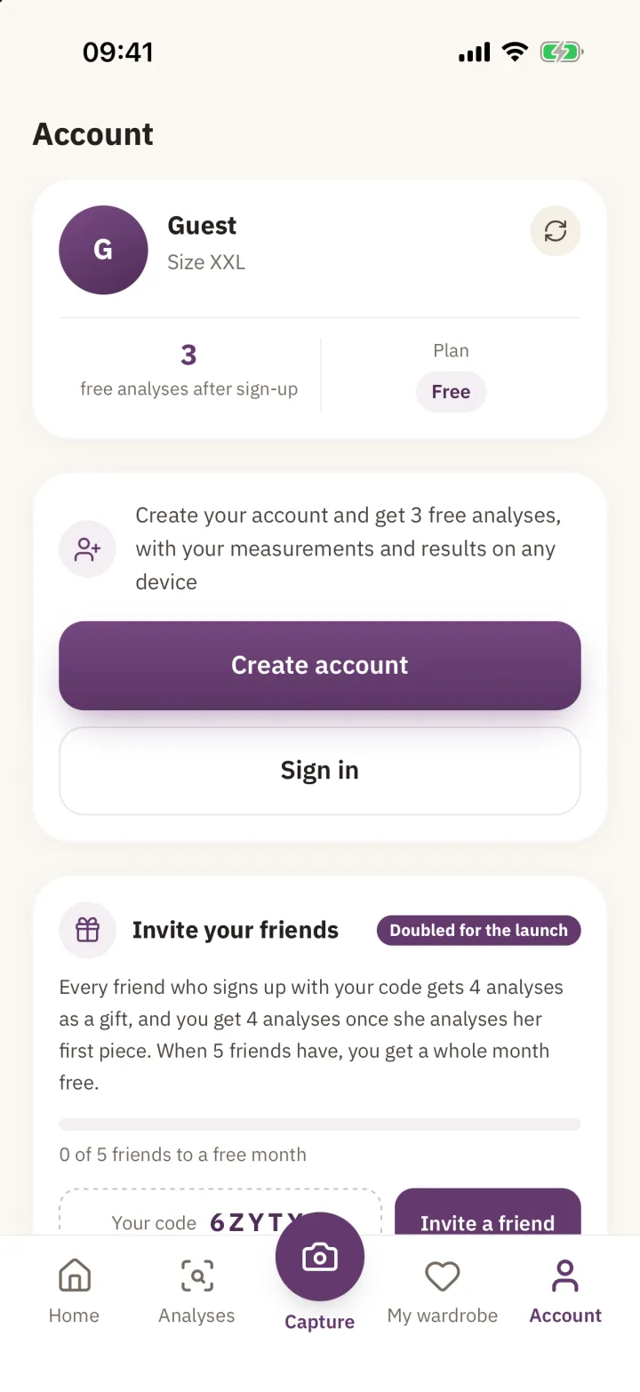 The account screen for a guest: 3 free analyses after sign-up, a Free plan, and an invite-friends programme marked doubled for the launch.