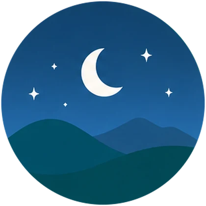 Isha scene: a crescent moon and stars in a deep blue night sky.