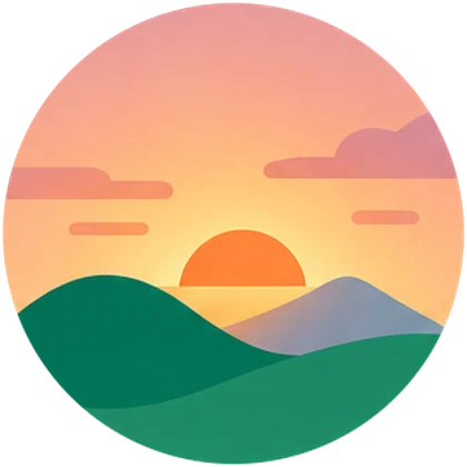 Maghrib scene: the sun setting behind hills in a pink sky.
