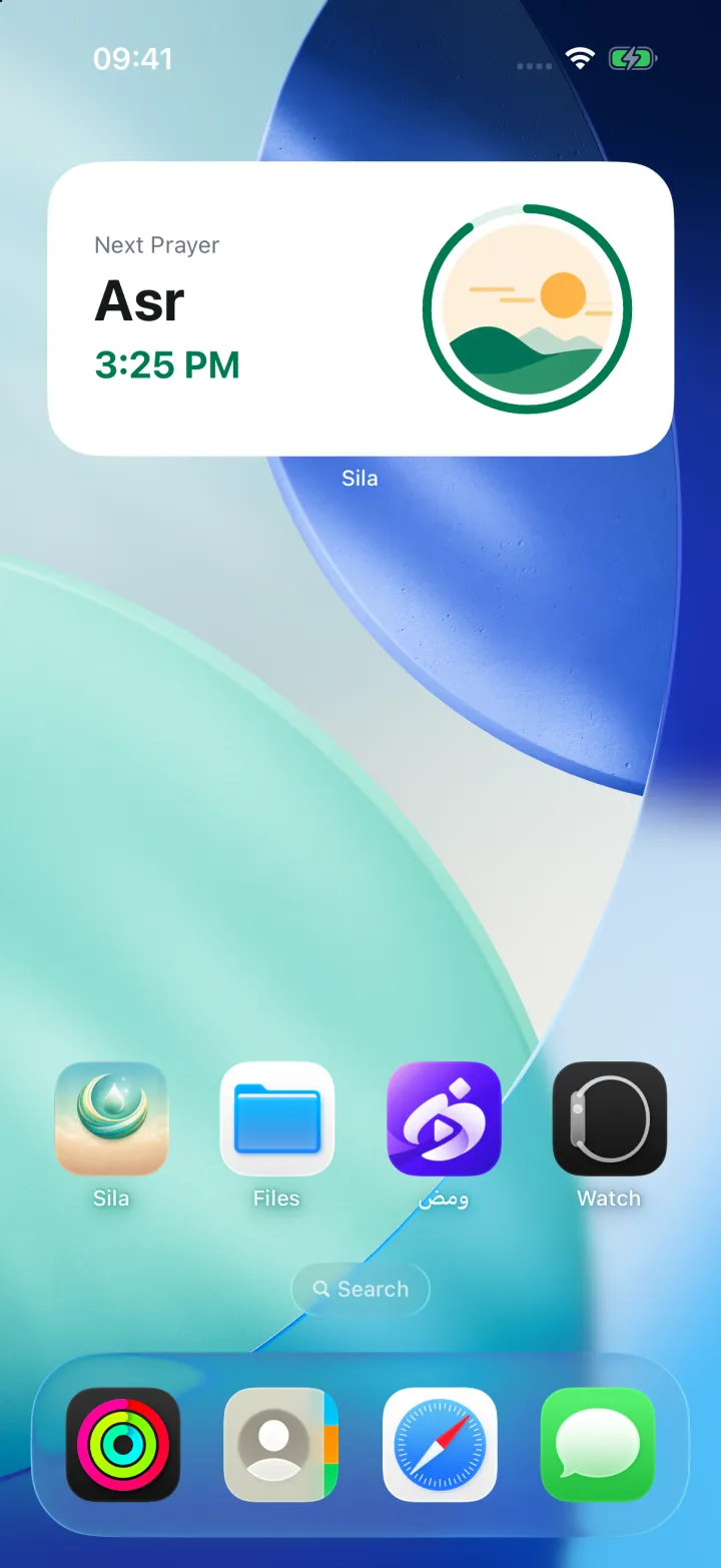 An iPhone home screen with Sila's widget showing the next prayer, Asr at 3:25 PM.